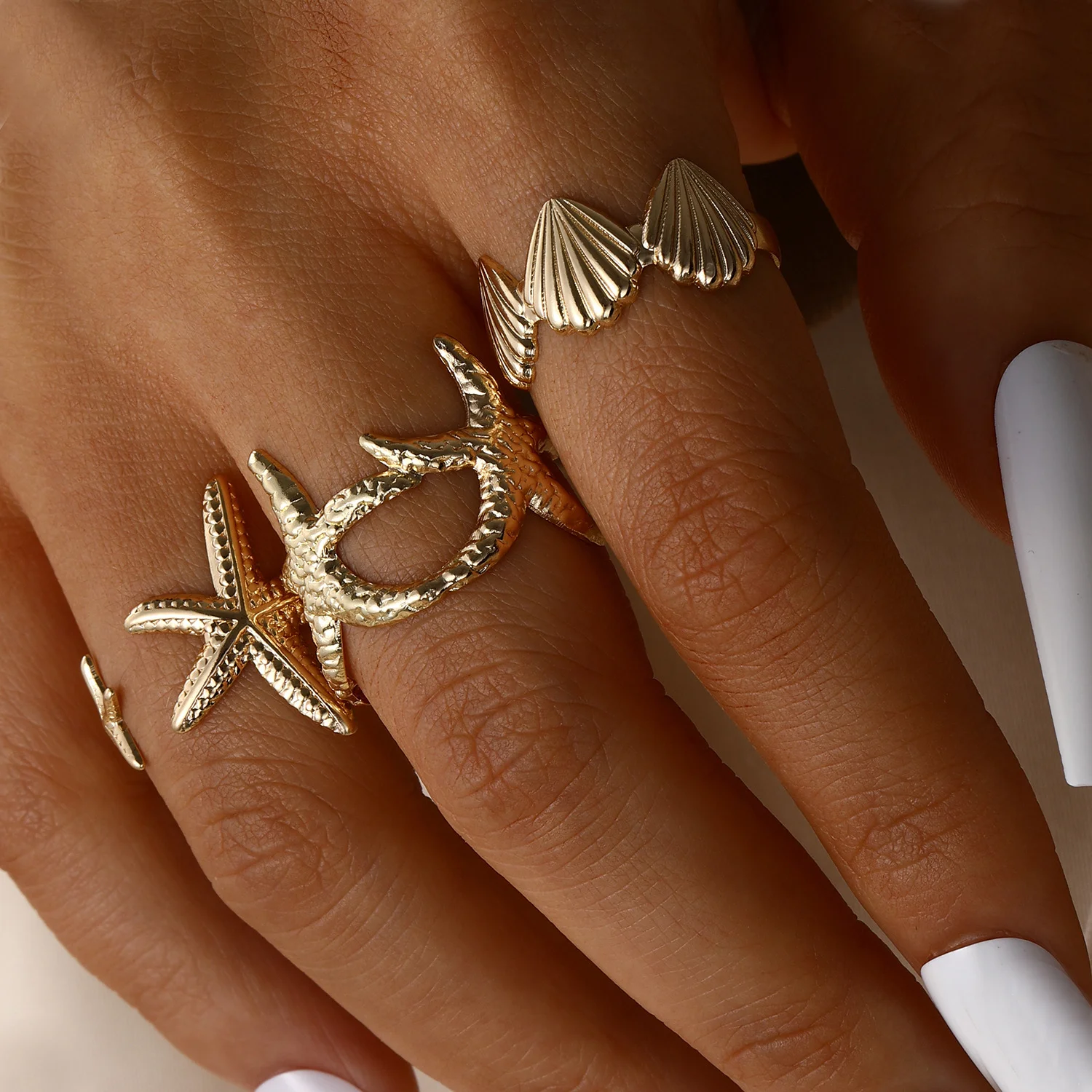 Punk Starfish Scallop Adjustable Open Rings Set for Women Trendy Geometric Gold Color Metal Irregular Ring Summer Beach Jewelry