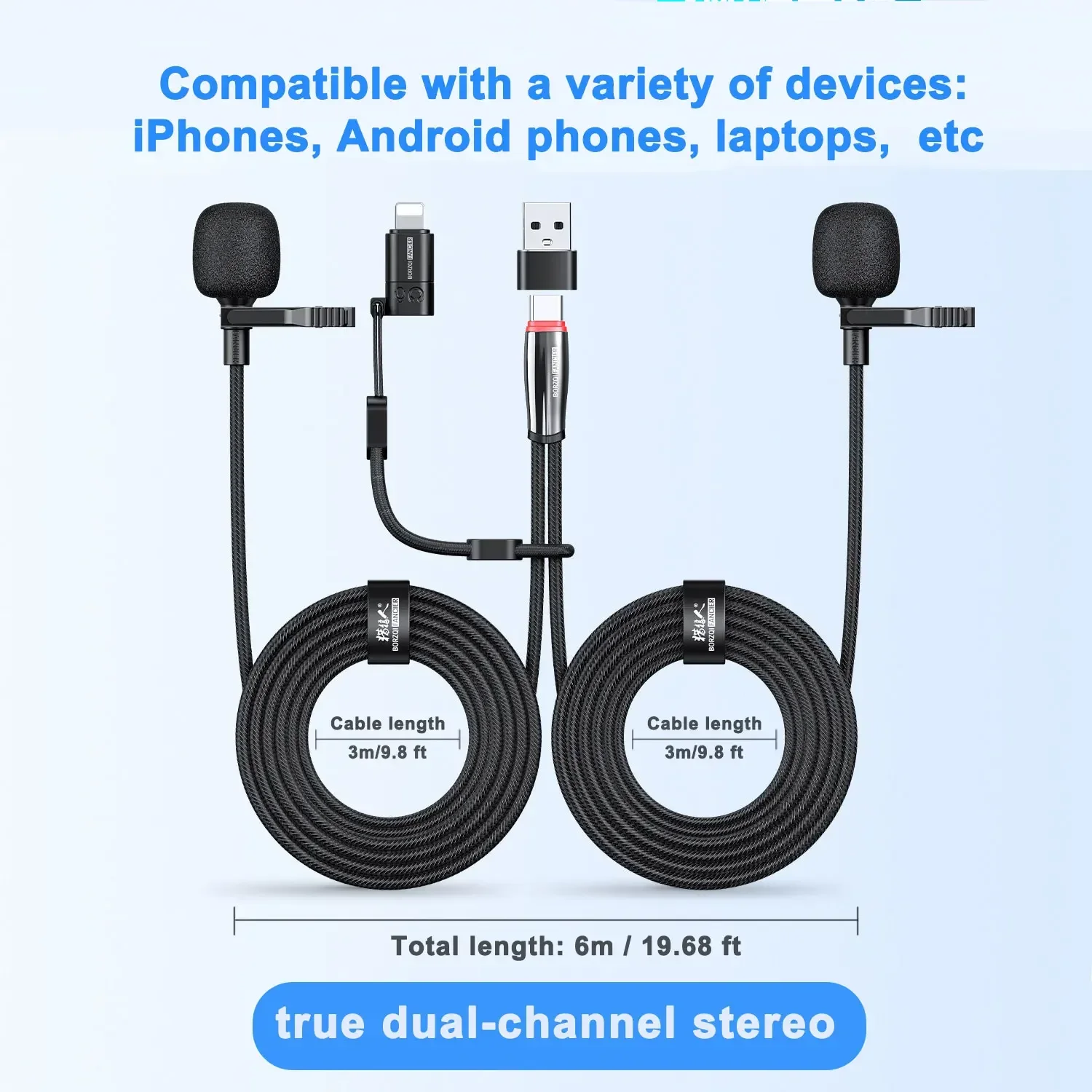 Wired Microphones for Professional Audio Video Youtube Stereo Lavalier Mic Compatible with iPhone Mobile Phones Laptops PC USB C