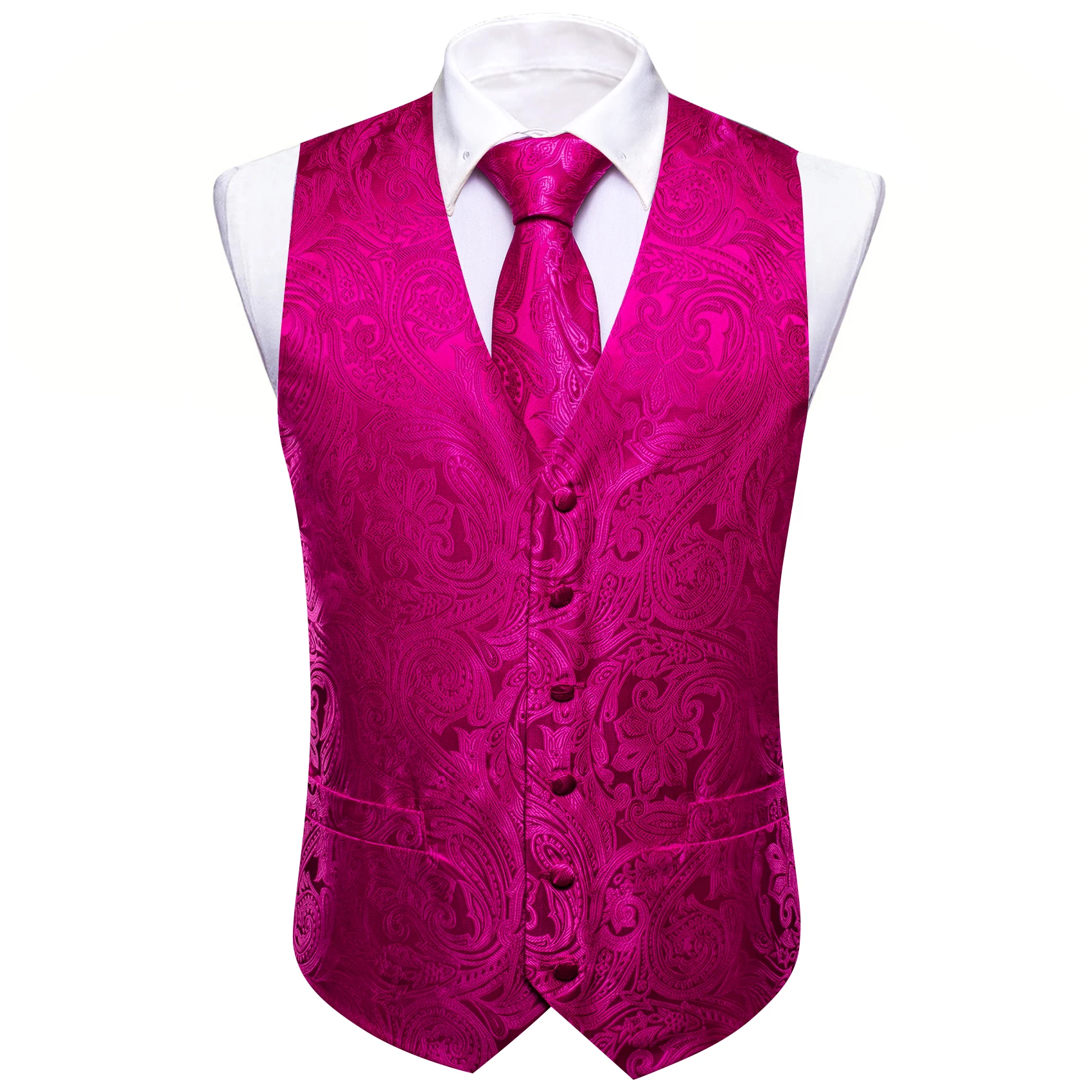 Herren-Set mit rosafarbener Weste mit Blumenmuster, Krawatte, Einstecktuch und Manschettenknöpfen – formelle Weste für Hochzeiten, Veranstaltungen, Partys, Geschenk für Bankette – Detail 8