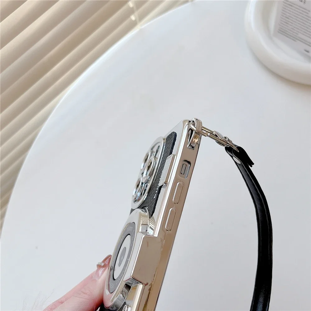 Luxury Retro Stereo Camera Hand Lanyard Phone Case with Leather Pattern