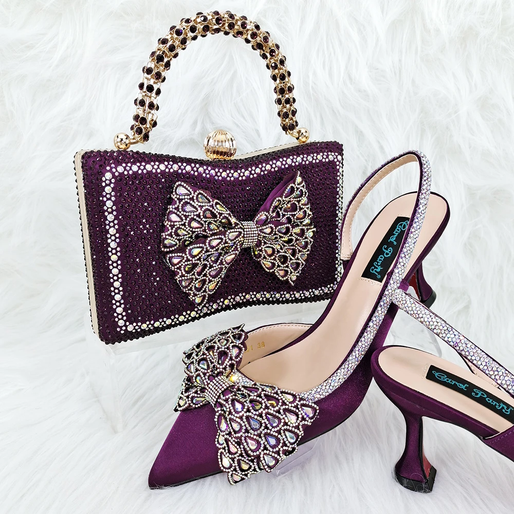 

Dark Purple Women Shoes And Bag Set African Ladies Pointed Toe Pumps With Handbag Sandals Purse Clutch Femmes Sandales QSL091