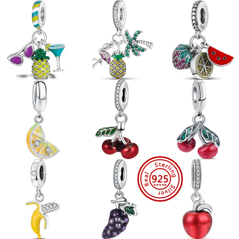 

925 Silver Strawberry Lemon Watermelon Pineapple Cherry Grape Fruit Fine Beads Fit Original Pandora Charms Bracelet DIY Jewelry