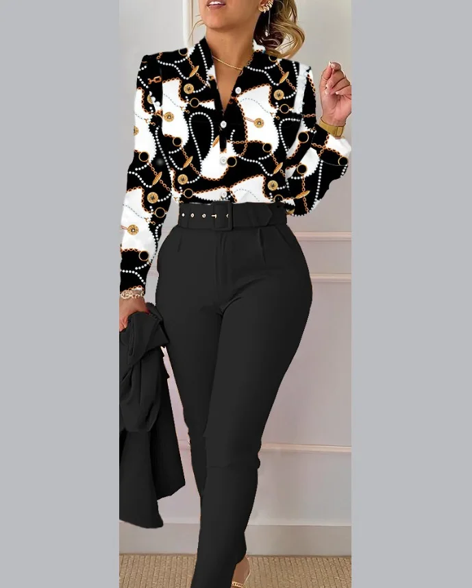 Conjunto de camisa y pantalones de manga larga para mujer, conjunto de 2  piezas con estampado a la moda, pantalones elegantes de cintura alta,  blusas femeninas de oficina, Top - AliExpress