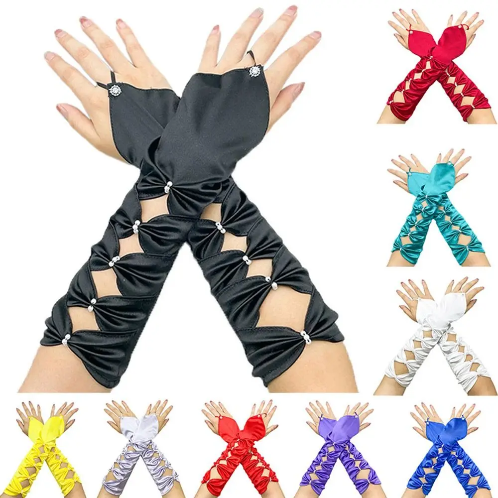 

Elegant Pleated Bowknot Elastic Fingerless Long Bridal Gloves Elbow Gloves Satin