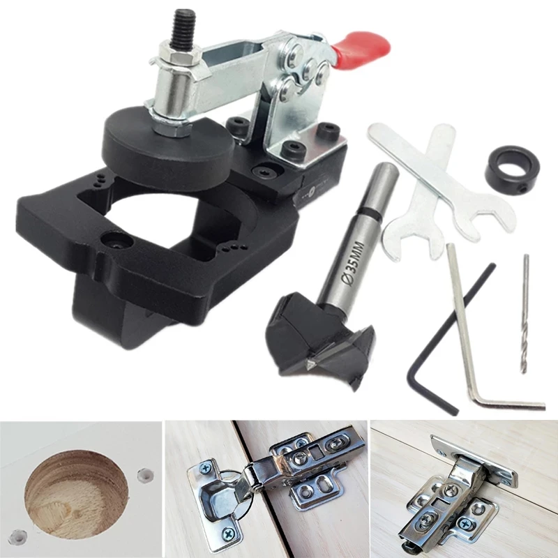 35mm Hinge Boring Jig Cabinet Door Opener Woodworking Hole Drilling Guide Locator Fixture Aluminum Alloy Hole Opener Template adjustable 35mm cup hinge boring jig drill guide wood drilling dowel jig woodworking hole opener template door cabinet hinge set