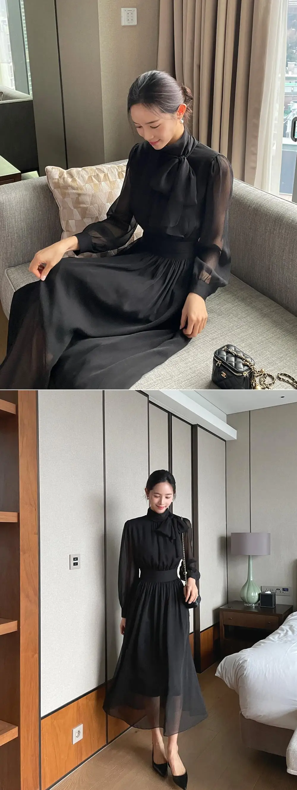 Elegant Midi Dresses for Women Long Sleeves Half High Collar Lace-up A-line Korean Fashion Autumn New One Piece Vestido Mujer