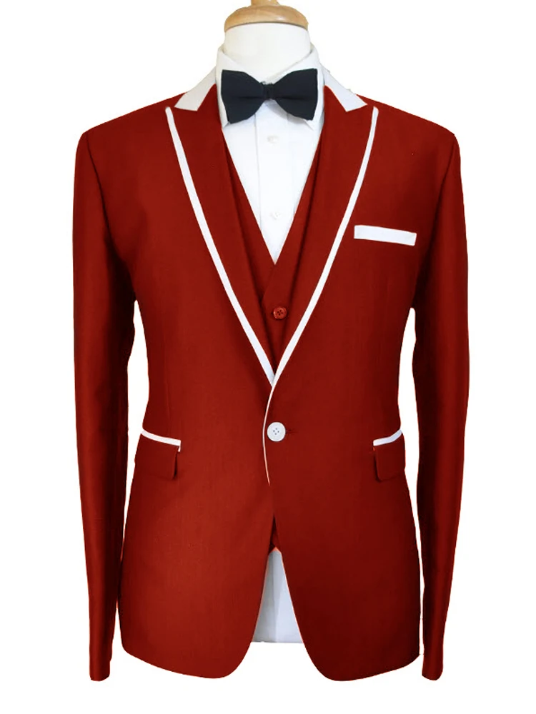 

Мужской облегающий свадебный смокинг KUSON, красная модель, мужской костюм из трех предметов (пиджак + брюки + жилет), сшитый костюм для мужчин