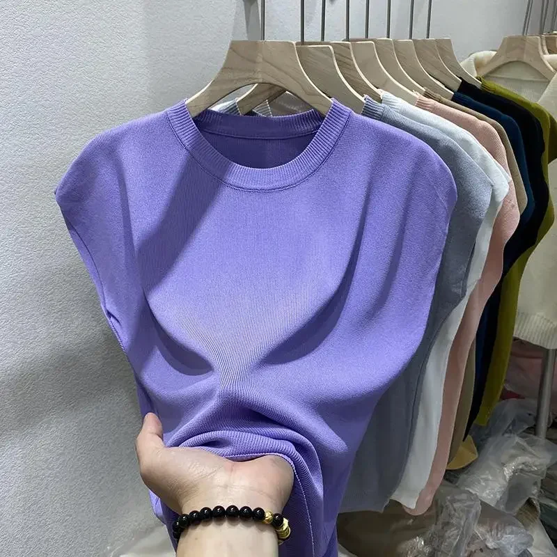 Women's T-shirt Summer O Neck Knitted Fashion Woman Blouse Short Sleeve Tees Solid Color Ice Silk Oversized T-shirt Women