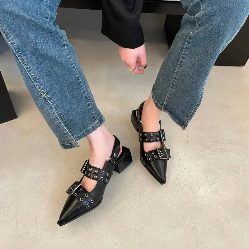 Fashion Women's Flat Shoes Women's Low Heel Hot Selling Buckle Slingback Pointed Toe Casual Sandals Mules High Heels