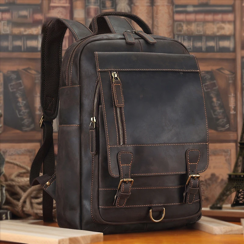 Men's Crazy Horse Skin Business Computer Backpack Outdoor Travel Bag Vintage Men's Genuine Leather Backpack High-capacity