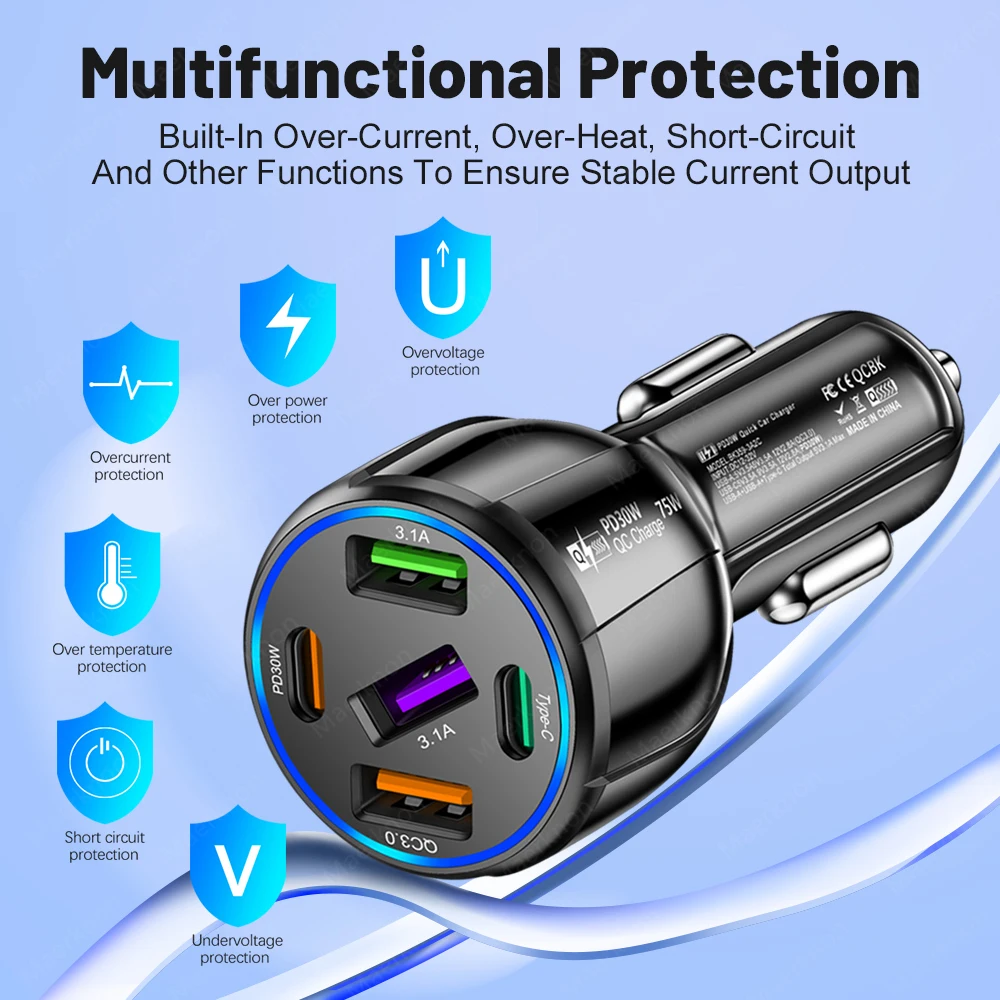 5 Ports USB Car Charger 75W PD Type C Fast Charging Charger In Car For iPhone Sa