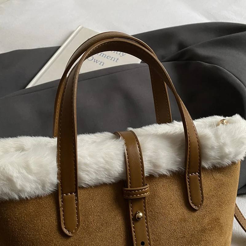 Winter Plüsch Tasche frauen Retro Kleine Handtaschen Kupplung Tasche Neue Faux Wildleder Passenden Lamm Wolle Eimer Schulter Umhängetaschen – Detail 22