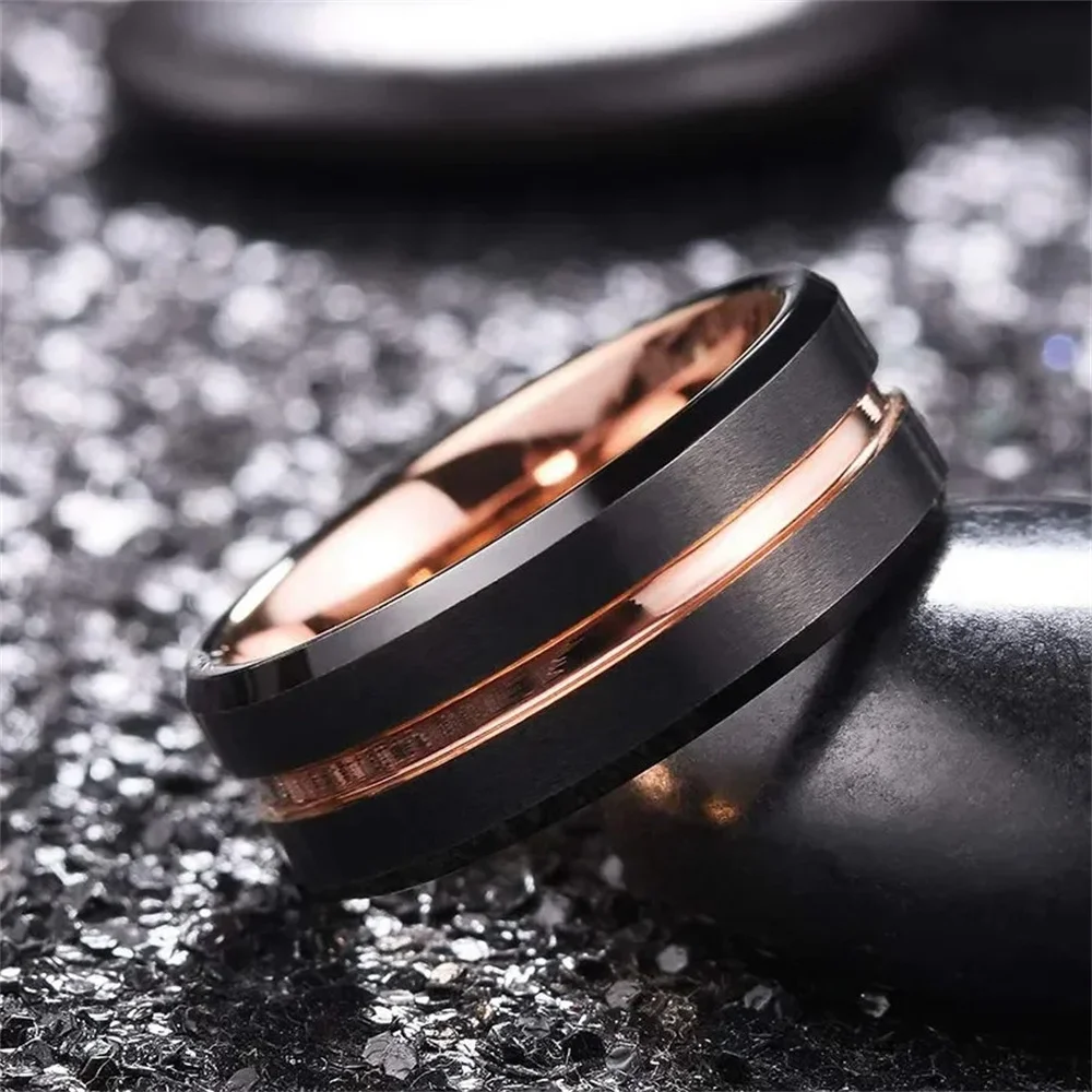 8mm Men Stainless Steel Wedding Rings Black Brushed Rose Gold Color Groove Beveled Edge Engagement Rings Jewelry