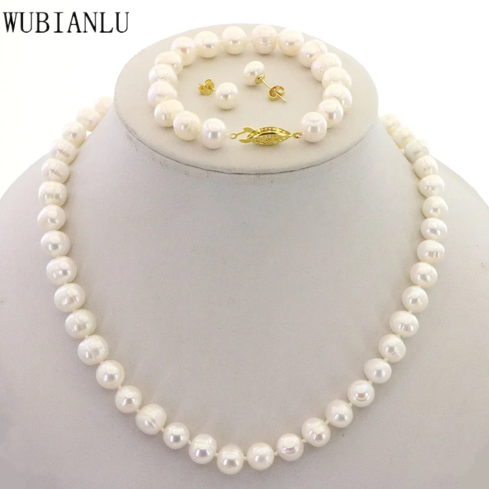 

Charming Sale 9-10mm White Freshwater Pearl Necklace Bracelet Earring Bridal Jewelry Set For Women Banquet Wholesale Retail