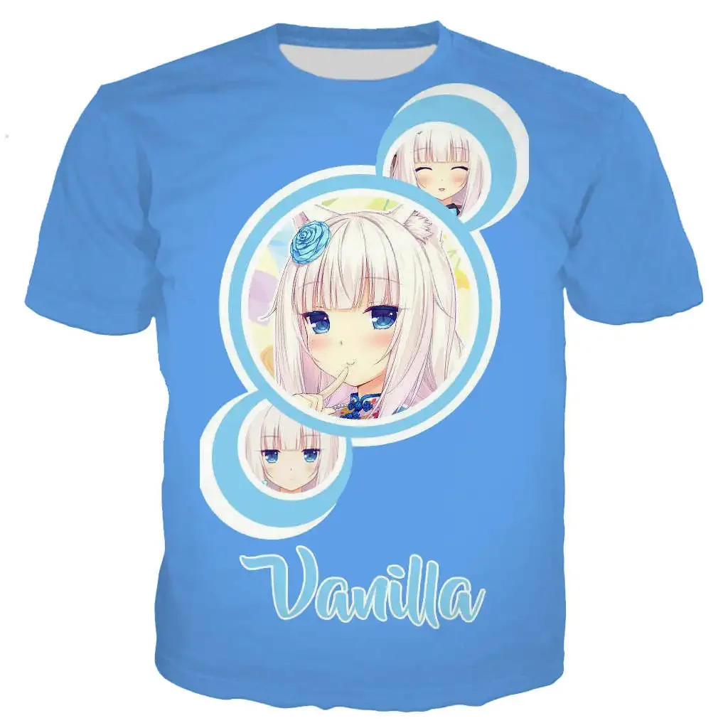 남성/여성을위한 새로운 쿨 티 Nekopara 초콜릿 바닐라 3D 인쇄 귀여운 애니메이션 짧은 소매 하라주쿠 스타일 스트리트 티셔츠 탑