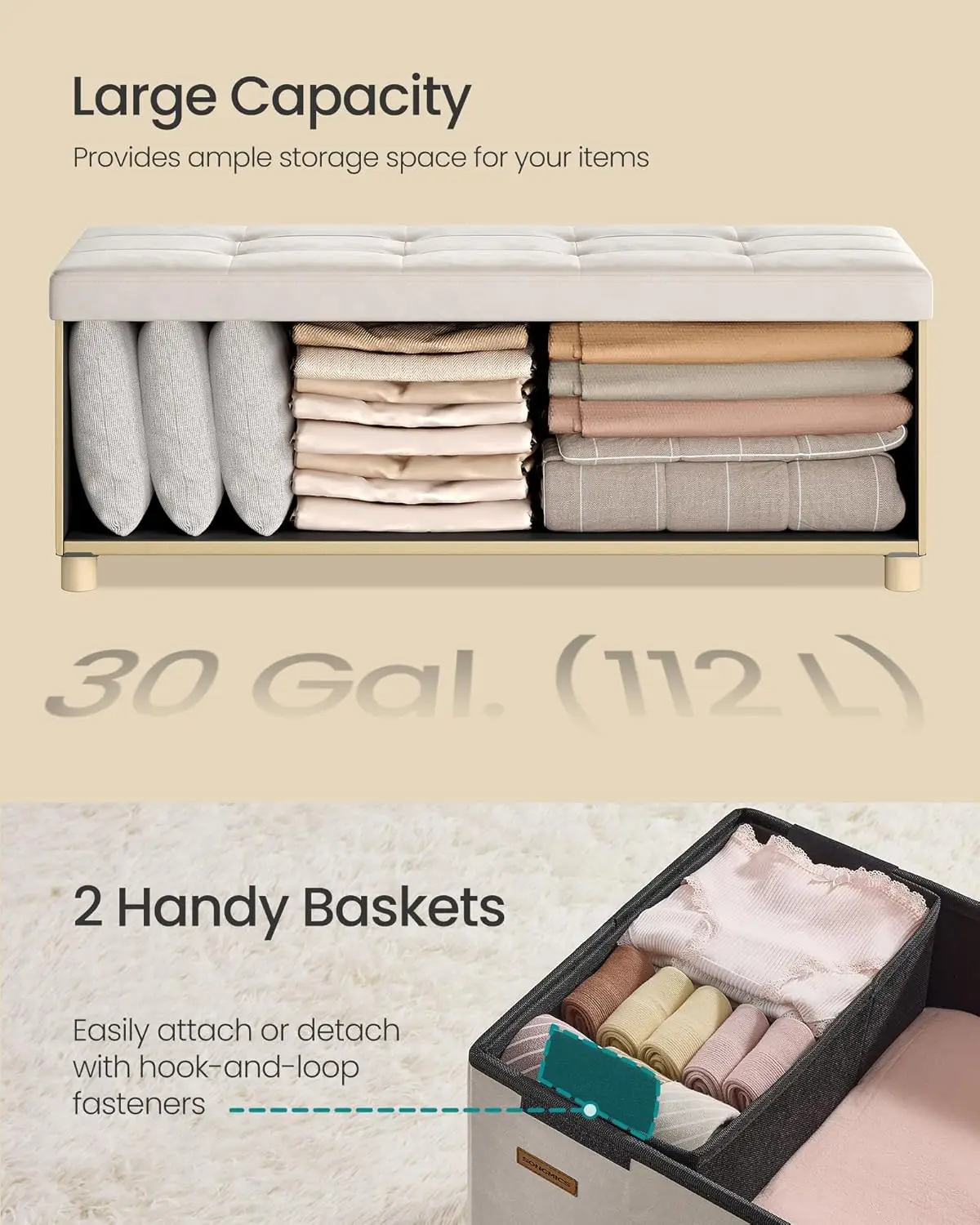 Storage Ottoman Bench, Folding Storage Chest, 15 x 43.3 x 15.7 Inches, Foot Rest Stool, 30 Gal. (112 L), Velvet Surface