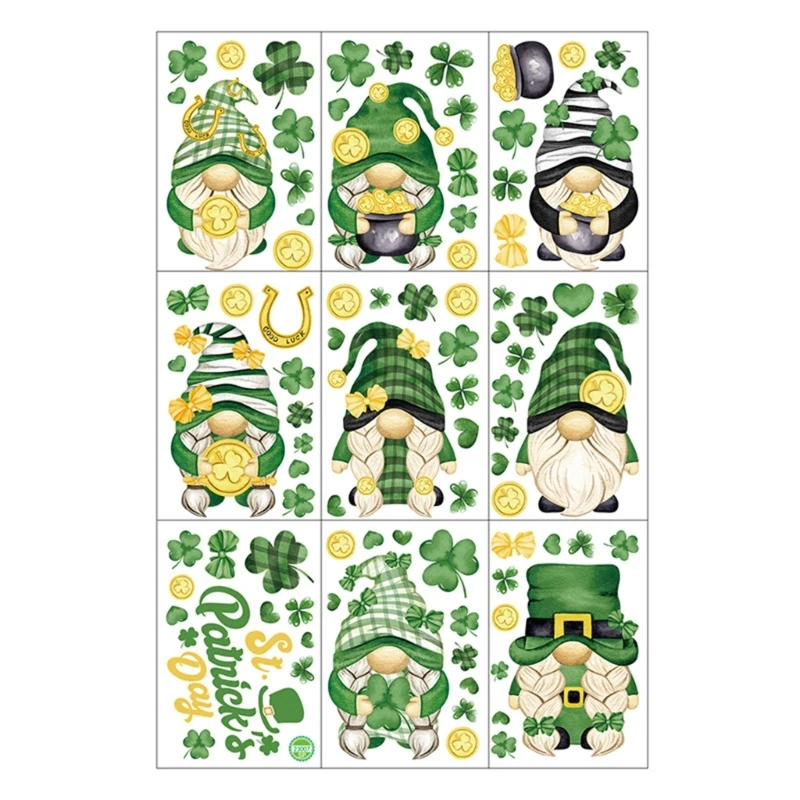 Y1Uu 9 Fogli Patricks Day Leprechaun Gnome Coin Print Window Cling Stickers Decalcomanie