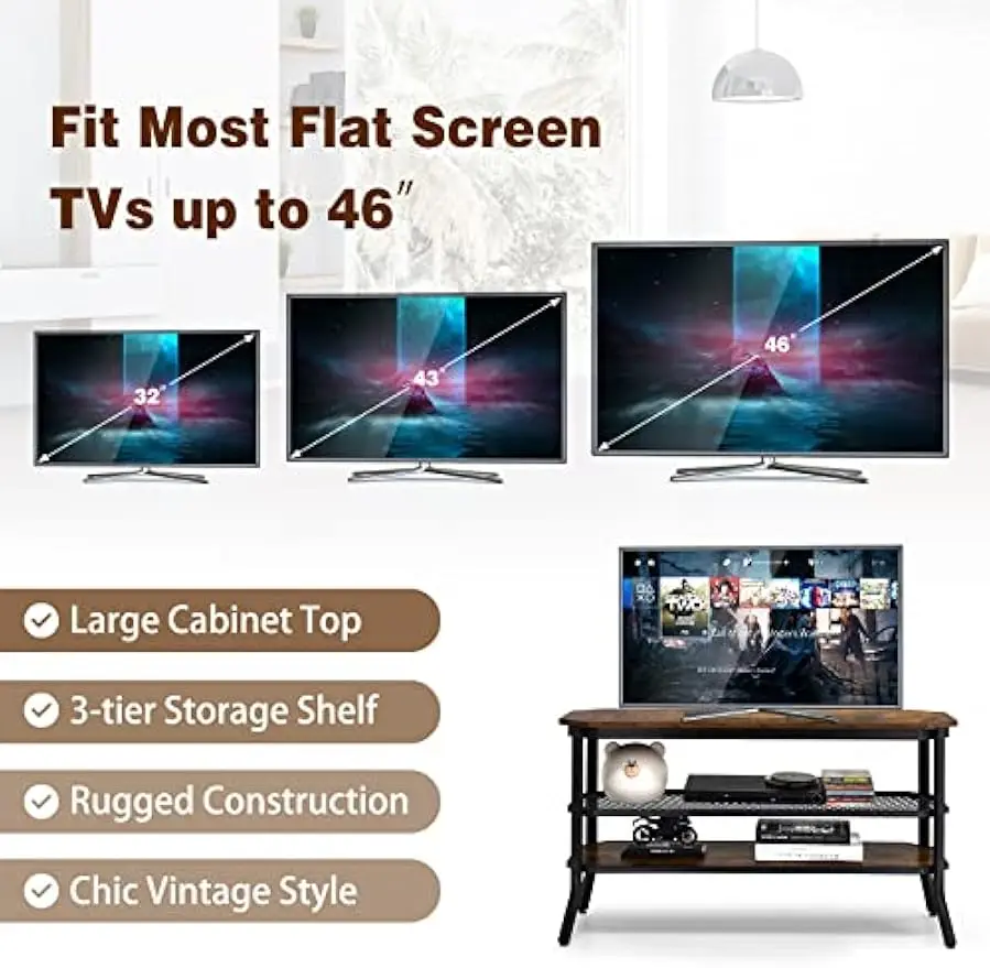 Industrial TV Stand for TVs up to 46", 3-tier Wood TV Cabinet with Steel Frame, Rustic Entryway Console Table 4