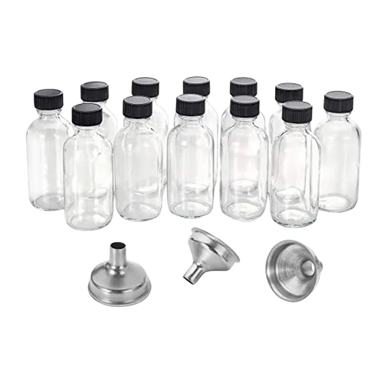 Small Clear Glass Bottles with Lids & 3 Funnels 12Pc 2 Oz-60Ml Bottles for Juice Ginger Shots, Whiskey, glass cup