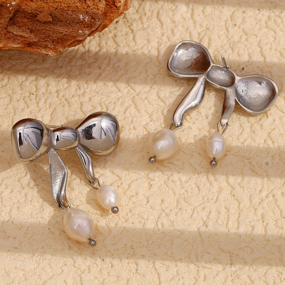 Elegant 18K Gold Plated Waterproof Stainless Steel Bow Pearl Earrings