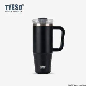 30oz/40oz Tyeso gobelet bouteille en acier inoxydable tasse de voiture avec poignée paille thermique glacé tasse de voyage isolé sous vide café tasse chaude 1