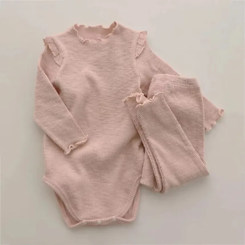 Pigiama per neonato in cotone tinta unita + leggings 2 pezzi pigiama per la casa per neonato e ragazza - immagine 4