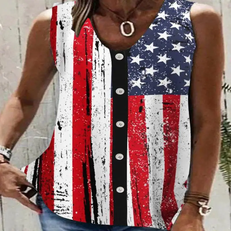 

Plus Size Women's Sleeveless V-Neck National Flag Printed Top