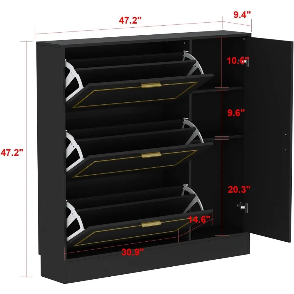 Shoe Storage Cabinet with 3 Flip Drawers & Locker, Wood Shoe Cabinet for Entryway, for Hallway Black and Gold (47.2”W x 9.5”D x 2