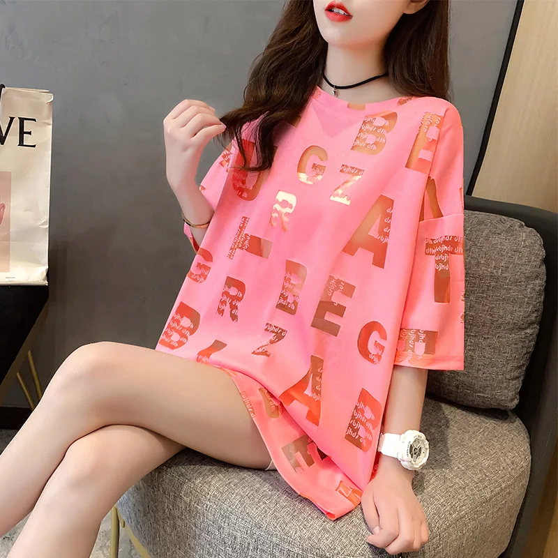여성용 반팔 레터 할로우 아웃 티셔츠, 여성용 얇은 루즈 티셔츠, 하라주쿠 스트리트웨어, 섹시 핑크, 0606 네온 옐로우