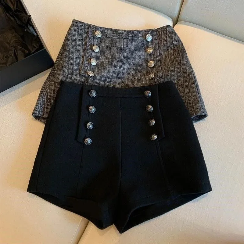 

Girls 2023 Autumn/Winter New Retro Herringbone Pattern Woolen Shorts Fashion Elastic High Waist Double Button Outwear