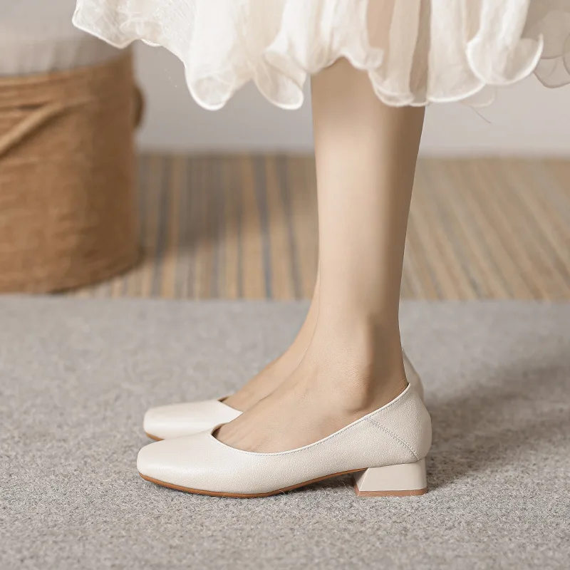 Mujer elegante punta cuadrada conciso negro 4CM tacón alto mujer poco profunda Retro Mary Janes cómodos lindos mocasines zapatos Lolita