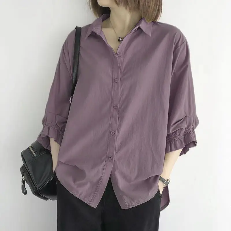 

Женская свободная рубашка с рукавами-фонариками, Повседневная Удобная тонкая рубашка из чистого хлопка, большие размеры, корейский стиль, лето 2024