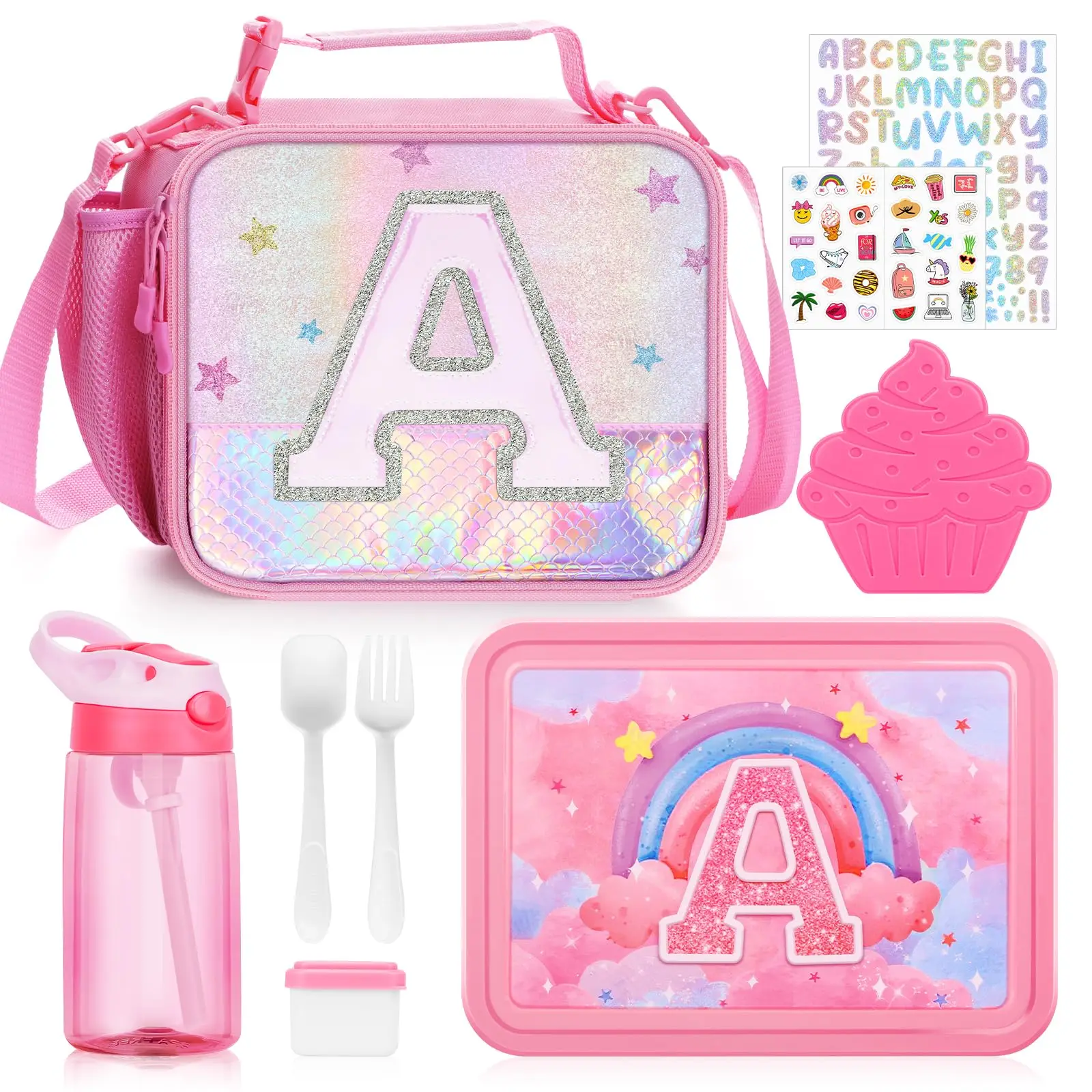 Kids Lunch Box Set with Lunch Bag water bottle Bento Box with 6 Compartment For School Dishwasher Safe Girls Gift