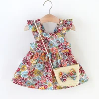 2 Pcs Summer New Baby Girl Dress Fashionable Floral Fly Sleeve Cotton Dress with Crossbody Bag Suitable for Babies Aged 0-3 2