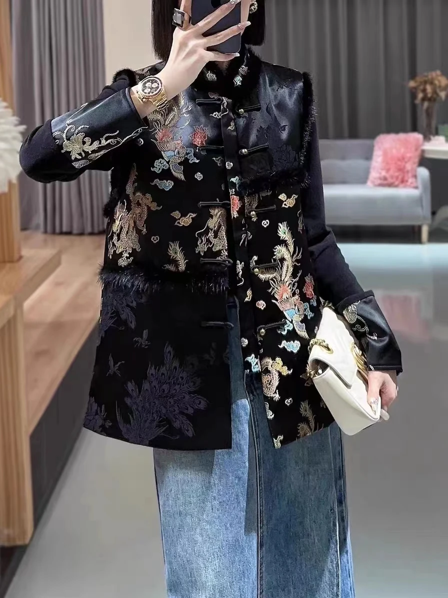 New Chinese Style Knot Button Embroidery Cotton Vest Coat Women's Stand Collar Top