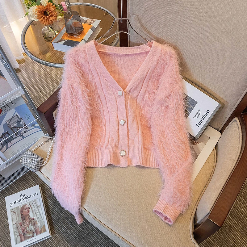 

Autumn Winter Female Sweater Long Sleeve V-neck Button Fly Fuzzy Fur Ladies' Elegant Cardigans Solid Color Women's Fur Jackets