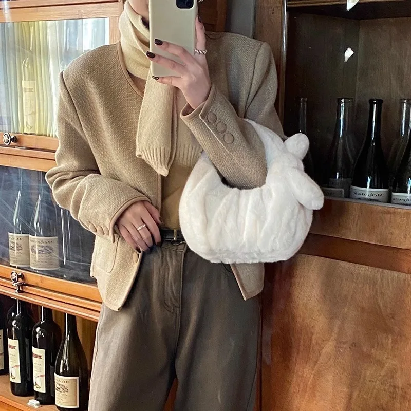 Cozy Chic Women's Autumn Winter New Plush Bag - Solid Color Ruffled Cloud Handheld Versatile Plush Tote Purse for Home Use