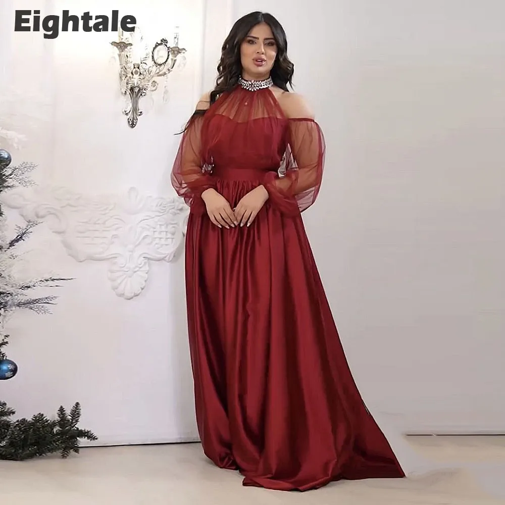 

Eightale Burgundy Evening Dresses High Neck Satin Long Sleeves A-Line Arabic Prom Wedding Party Gown Vestido De Fiesta