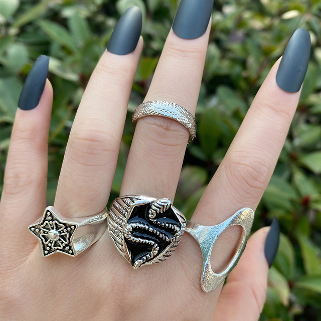 Silver Color Skull Heart Rings Set For Women Men Gothic Chain Retro Rings 2021 Trend Fashion Jewelry