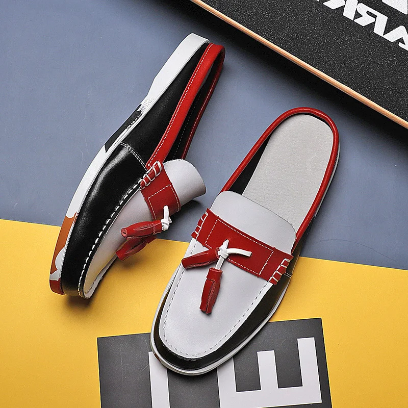 Mens Casual PU Leather Classic Boat Shoes Loafers Shoes Handmade Shoes High Quality Half Slipper Flats Lazy Shoes Muller Shoes