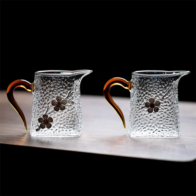 Japanese Heat Resistant Large Glass Teapot with Handle Creative 3D Plum Teacup Transparent Hammer Pattern Tea Cup