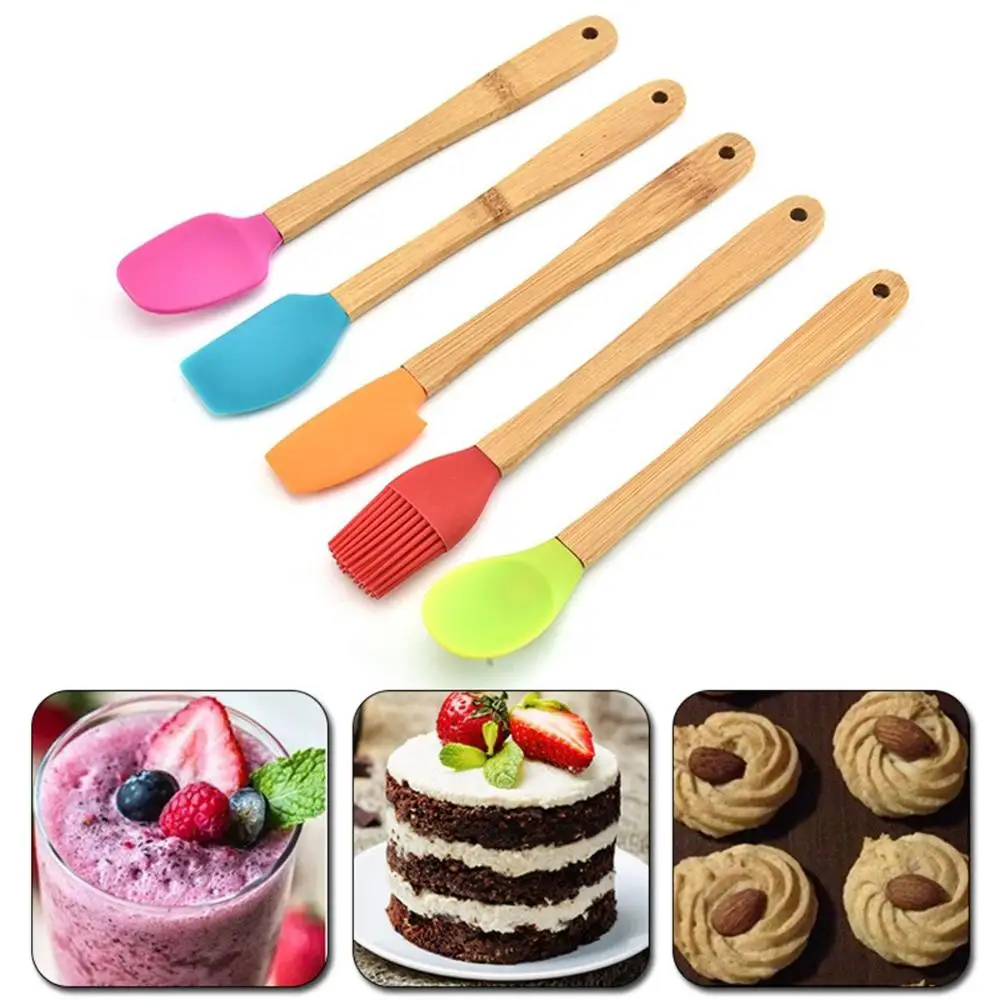 1/5Pcs Silicone Cake Scraper Durable Wooden Handle Pastry Brush Heat Resistant Cookie Mixing Spatula