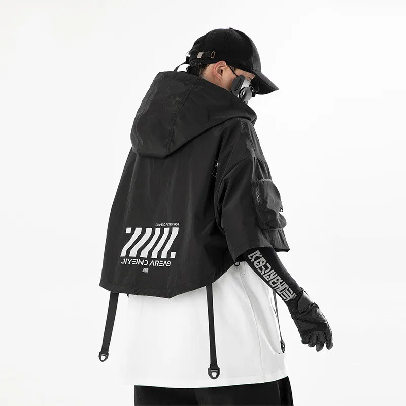 2023 Techwear Style Hip Hop Cropped Jacket Pullover Mens Punk Motorcycle Hooded Cloak Multi-pockets Jaqueta 3