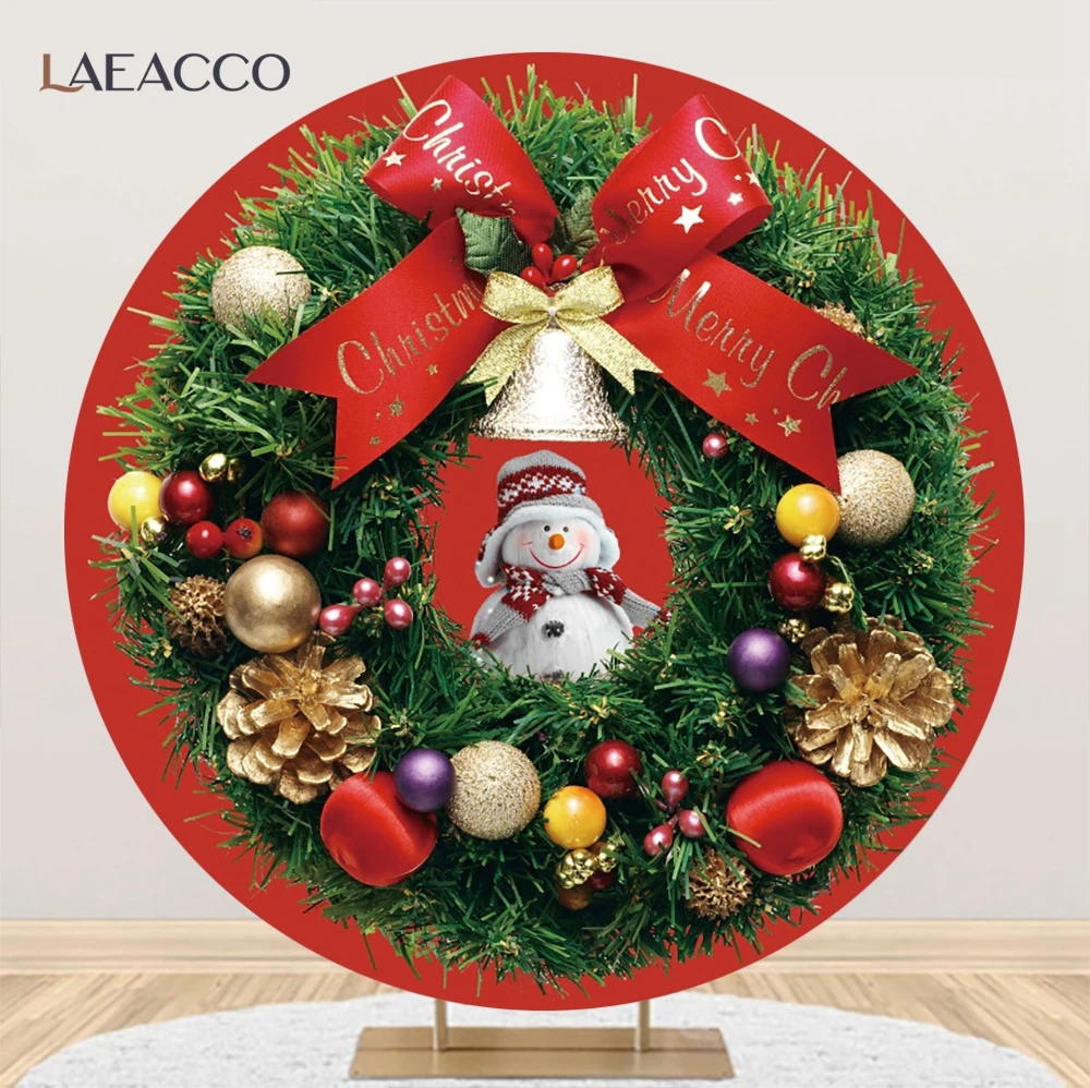 

Рождественский круглый фон для фотосъемки Laeacco, снеговик, красный лук, Рождественский венок, детский портрет, декор для вечеринки, семейный фон для фотосъемки