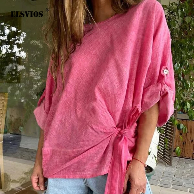 

Casual Loose Fitting Womens T-shirt Top Summer New Solid Color Round Neck Bat Wing Sleeve Hem Knot Fashion Trend Top 2024 Style