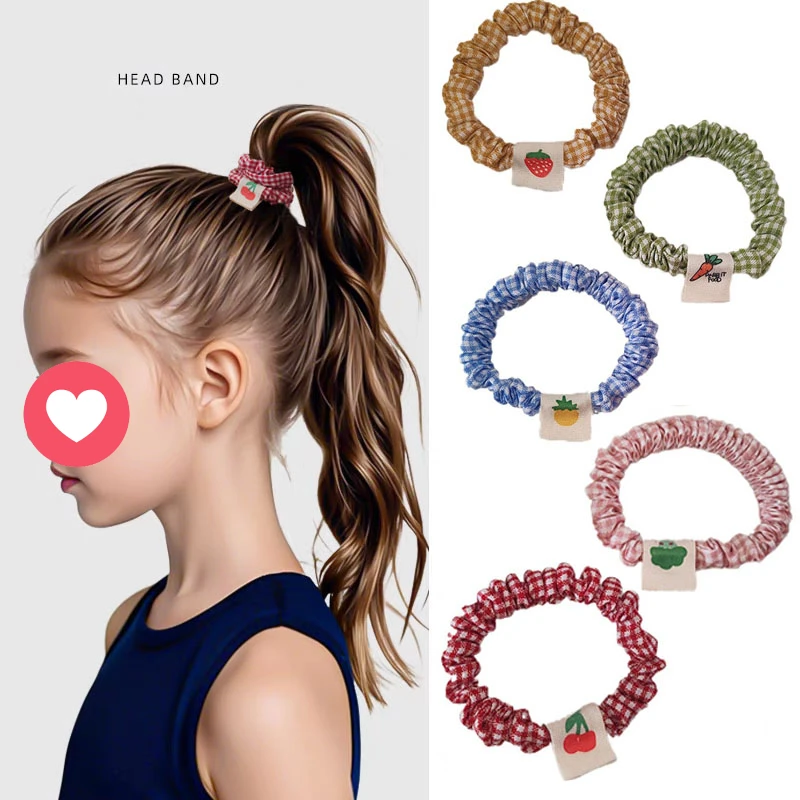 5PC Plaid Kirsche Erdbeere Elastische Haar Bands Set Frauen Mädchen Kinder Haar Krawatten Gummiband Koreanische Haar Zubehör Scrunchy Seil
