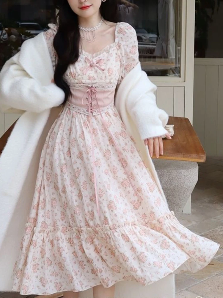 Vestido rosa con estampado Floral para mujer, vestidos largos