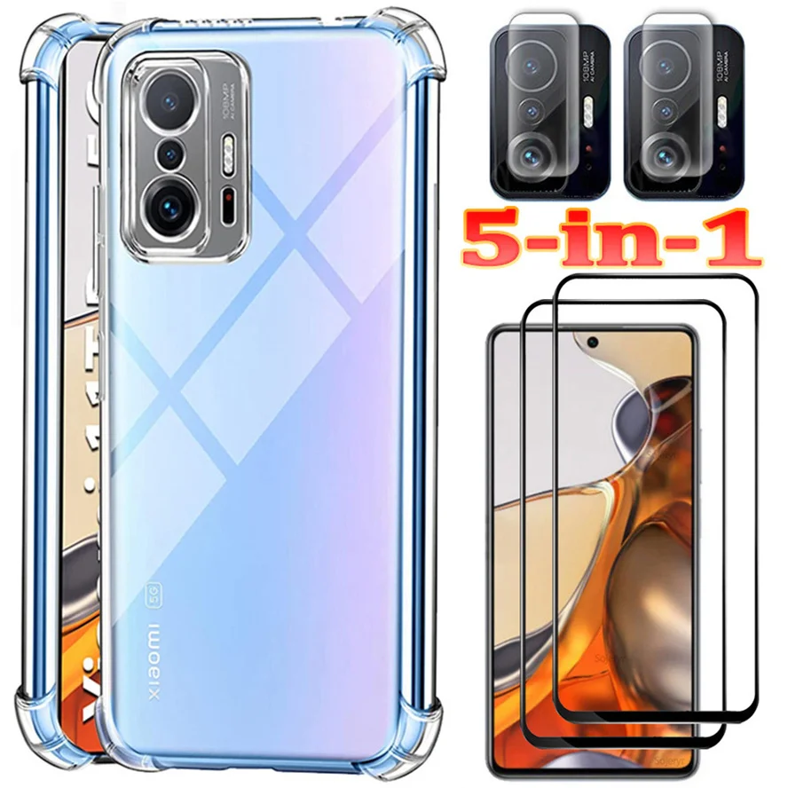 

5-in-1, Tempered Glass + Case for Xiaomi 11T Pro Soft Clear Shockproof Silicone Phone Cases Mi11T Cover Mi 11 T Pro Xiaomi 11T