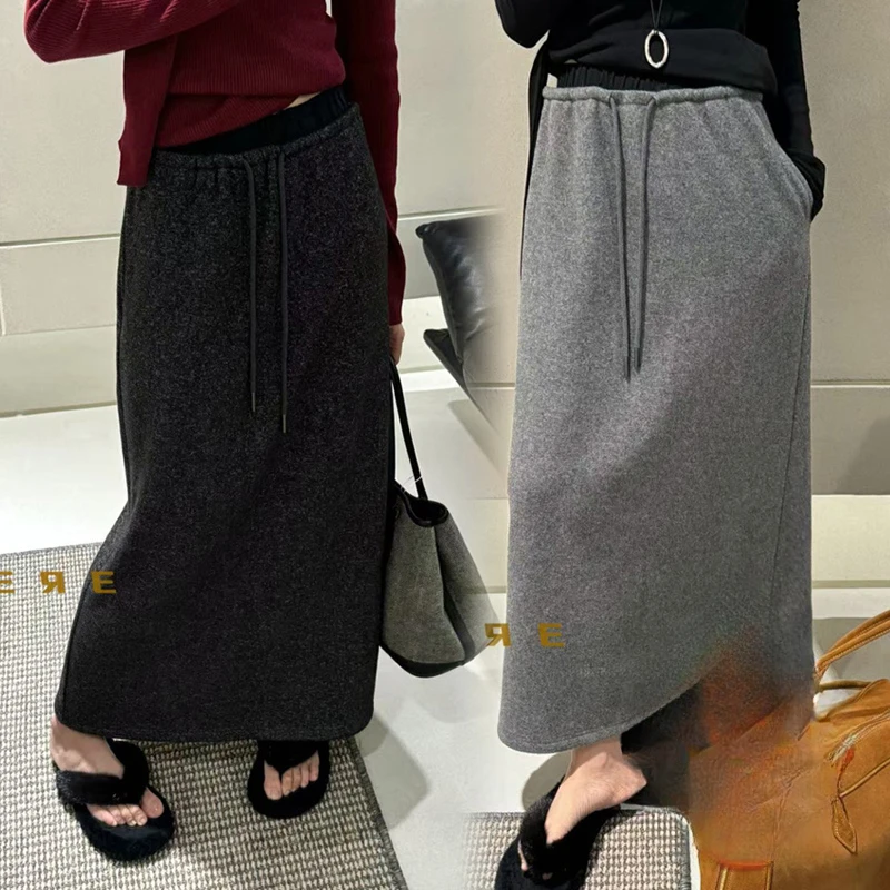 Korean Style Pregnant Woman Drawstring Waist Long Step Skirt with Pockets Back Split Long Loose Casual Maternity Cashmere Skirts