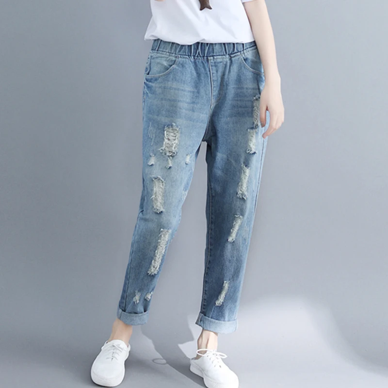 Ripped Hole Jeans Women Spring Fashion Elastic Waist Solid Color Vintage Denim Pants Casual Loose Versatile Ankle Length Trouser